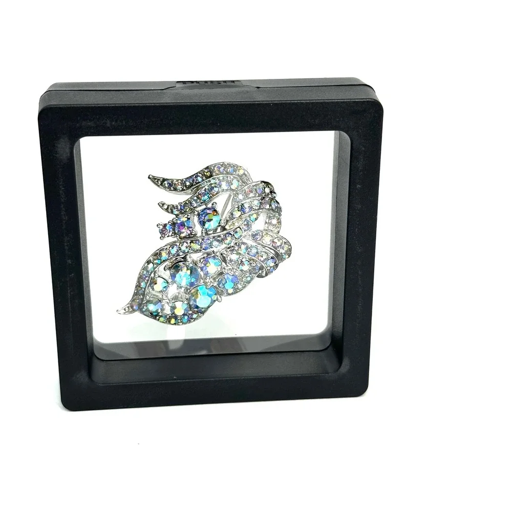 Vintage Silver Tone Aurora Borealis Rhinestone Swirl Leaf Statement Brooch Pin